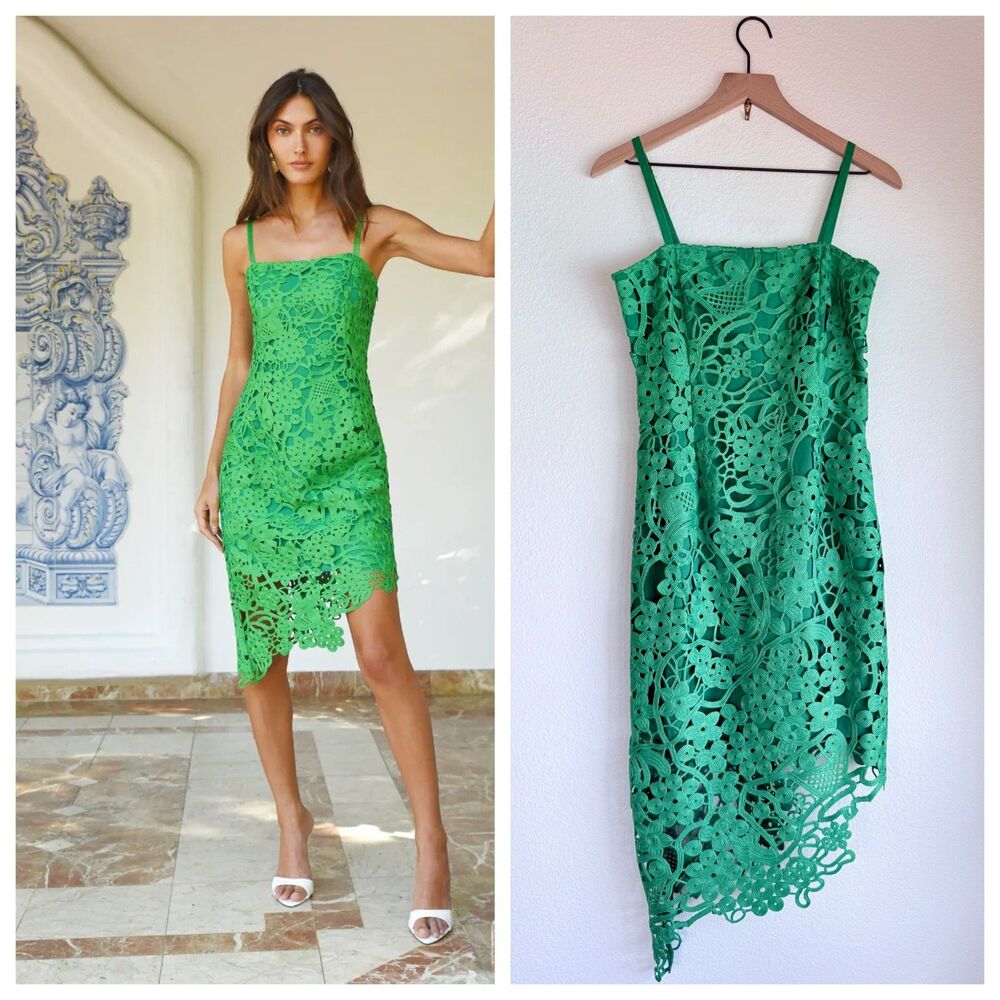 NEW Adelyn Rae Monica Crochet Lace Asymmetrical Mini Dress in Kelly Green Size S